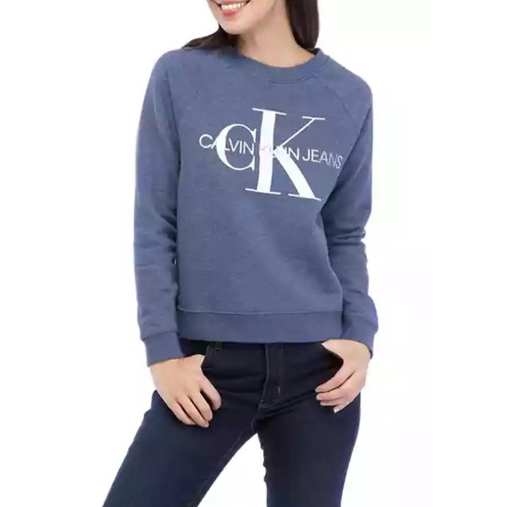 Calvin Klein Blue Crewneck Sweatshirt w/ CK Jeans Logo & Brushed Fleece Inside